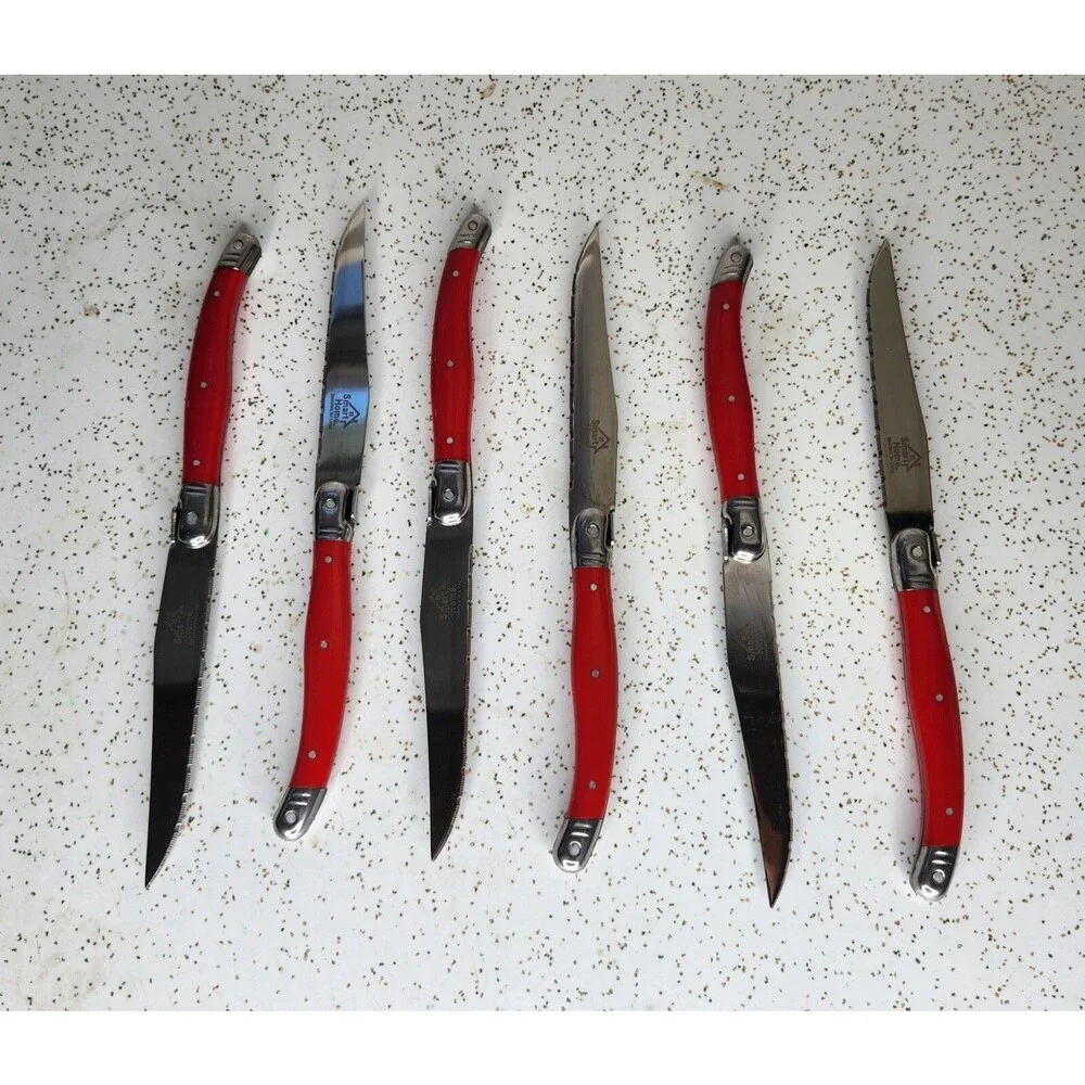 6x Smart Home Essentials for Living Red Handle Serrated Steak Knives Flatware